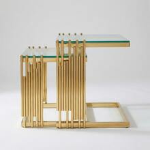 2-Piece Modern Square End Table Set For Living Room: Small Gold Side Table With Clear Tempered Glass Desk And Gold Stainless Steel Legs For Bedroom, Sofa, Balcony - 金色 - 查看 3