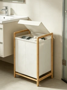 Bamboo Laundry Basket With Shelf, Foldable Dirty Clothes Storage Basket, Bathroom Towel Rack Storage Cabinet With Louvered Door - Multicolor - View 8