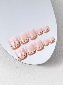 24pcs Summer French Pink Flower Rhinestone Toe Nail Stickers, Includes 1pc Nail File + 1 Roll Double-Sided Adhesive Nail Sticker Accessories - Multicolor - View 3