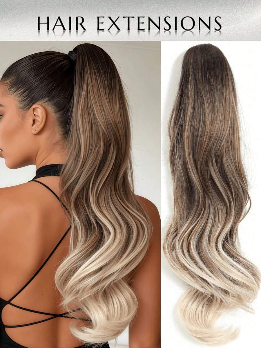 WaveTrip Vacation-Inspired Women's Summer Clothing, 24-Inch Ombre Wavy Curly Clip-In Heat Resistant Synthetic Hair Extensions, Suitable For Women And Girls For Party And Daily Use - Multicolor - View 1
