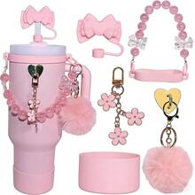 适用于30盎司和40盎司保温杯的5件套配件，包括10毫米吸管盖、瓶提手带、心形挂钩、硅胶套和钥匙扣挂件，是情人节礼物和户外活动的理想之选。 - 彩色 - 查看 12