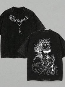 a, Camiseta con Temática de Fe, Moda Masculina, Regalo para Creyentes, Versículo Bíblico, Ropa de Iglesia - Unisex, Algodón Cómodo, Camiseta Holgada Lavada de Estilo Vintage y Tejido Grueso. - Negro - Ver 2