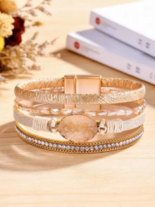 1/2pcs Boho Pendant Long Choker, Bohemian Leopard Multi-Layer Crystal Beads Cuff Bracelet Stack Summer Inspired Clothes Concho Country Concert Outfits - Multicolor - View 3