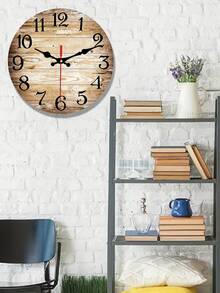 1pc Vintage Wood Grain Pattern Round Wall Clock, Suitable For Home, Office And School Decoration, Requires AA Battery (Not Included) - 彩色 - 查看 3