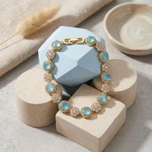 1 pieza Brazalete de aleación de cobre chapado en oro de lujo, incrustado con cristal simulado de forma de burbuja, piedra preciosa artificial. Adecuado para uso en bodas y fiestas. Nota: El color y la disposición de las gemas simuladas son aleatorios. - Estilo 1 - Ver 3