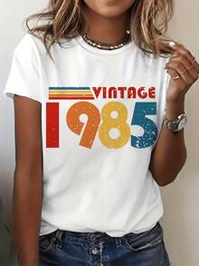 Camiseta de algodón de manga corta para mujer, edición limitada 1985, camiseta gráfica vintage para 40º cumpleaños - Camiseta casual de manga corta con cuello redondo para mujer, con estampado de letras retro, elasticidad media y lavable a máquina para verano y primavera, camisetas para damas, moda de primavera, moda nostálgica, tela no transparente. - Blanco - Ver 6