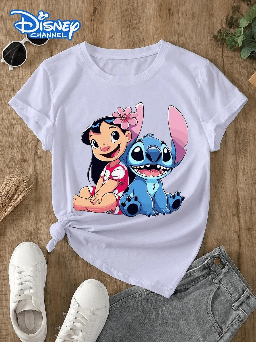 [Disney Official Authorization] This Disney Women's T-Shirt Features A Stitch And Lilo Cartoon Print. Made Of Soft, Comfortable, And Durable Fabric, This Spring/Summer Round-Neck T-Shirt Is Suitable For Everyday Wear, Shopping, Parties, And Is Also A Great Choice As A Casual Outfit Or A Gift. - 白色 - 查看 1