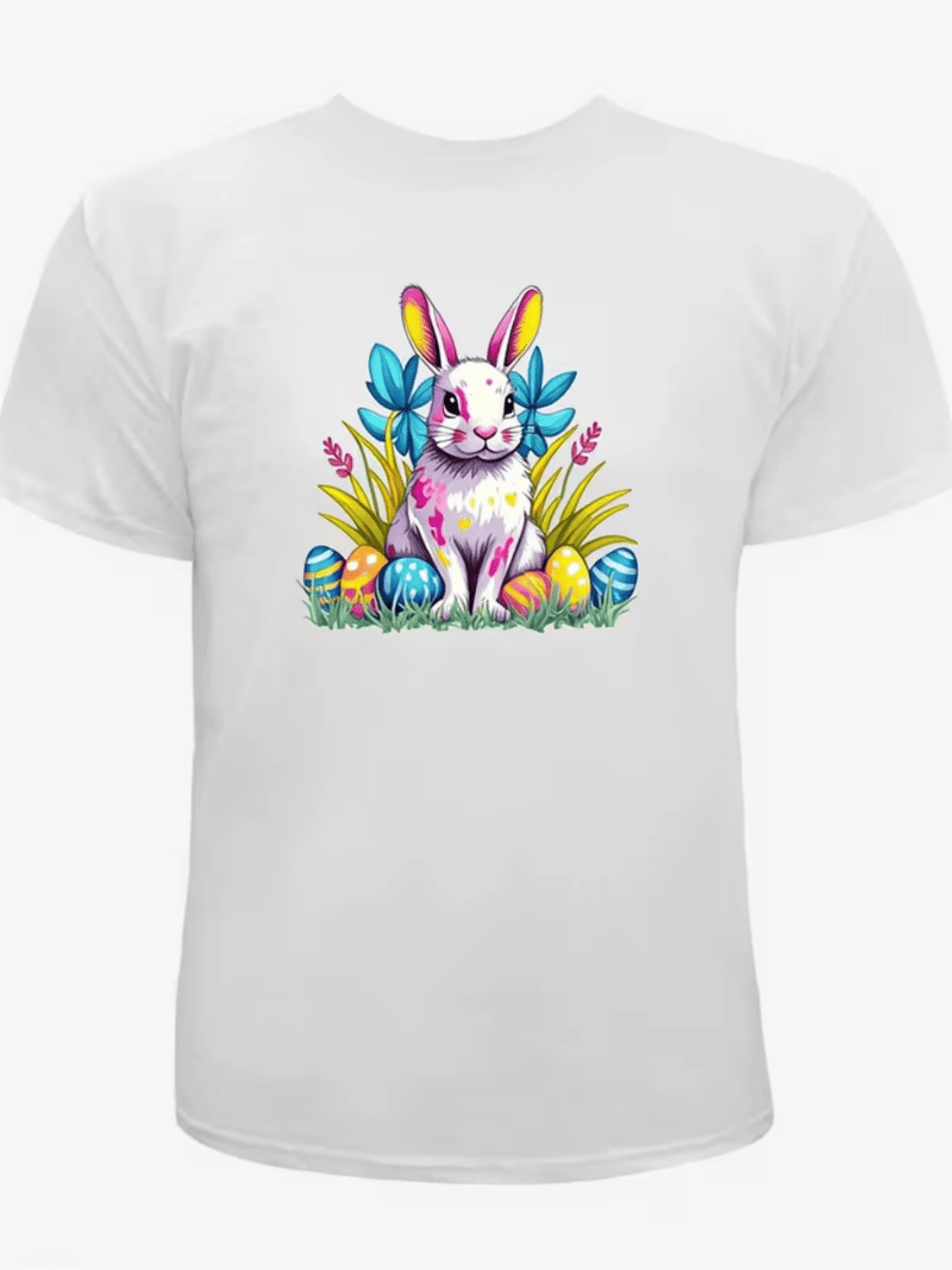 A White Rabbit Surrounded By Colorful Eggs And Blue Leaves Symbolizes Joy, Hope, And Positive Energy For Celebrating Special Moments. A Comfortable, Casual Men's T-Shirt For Everyday Wear And Outdoor Activities. - 白色 - 查看 1