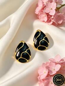 Women's Earrings, Gold Hypoallergenic Studs, Bohemian Enamel Water Drop Stainless Steel Jewelry. Suitable For Women To Wear. - Black - View 1