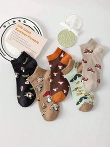 5 pares de calcetines cortos para mujer con diseño de setas, calcetines divertidos y creativos como regalo, suaves y cómodos calcetines casuales de tobillo - Multicolor - Ver 1