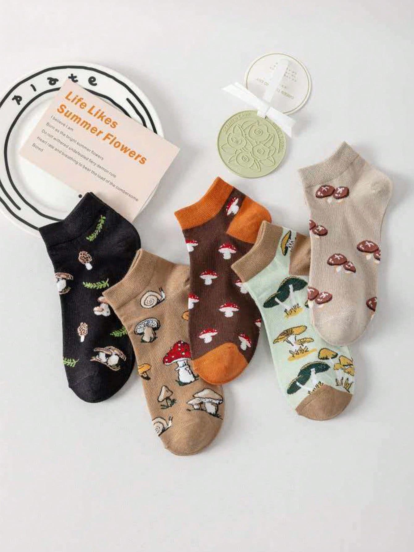5 pares de calcetines cortos para mujer con diseño de setas, calcetines divertidos y creativos como regalo, suaves y cómodos calcetines casuales de tobillo - Multicolor - Ver 1