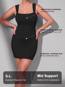 Seamless Soft Stretchy Rib Knit Camisole Dress, Women's Square Neck Bodycon Dress, Versatile Daily Wear, Women's Summer Dress - Black - View 2