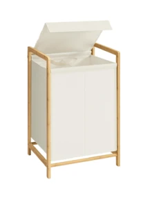 Bamboo Laundry Basket With Shelf, Foldable Dirty Clothes Storage Basket, Bathroom Towel Rack Storage Cabinet With Louvered Door - Multicolor - View 14