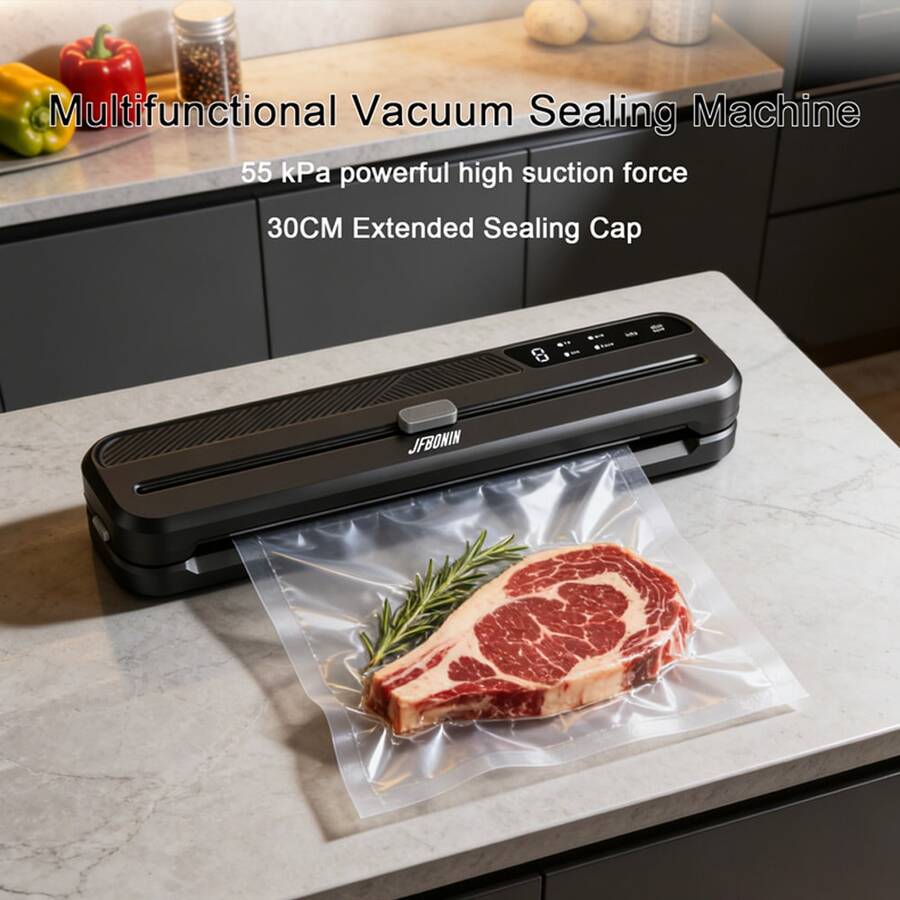 Máy hút chân không mạnh mẽ 55kPa, chế độ hút khô và ướt, hệ thống hút chân không ngoài, kèm 10 túi hút chân không.