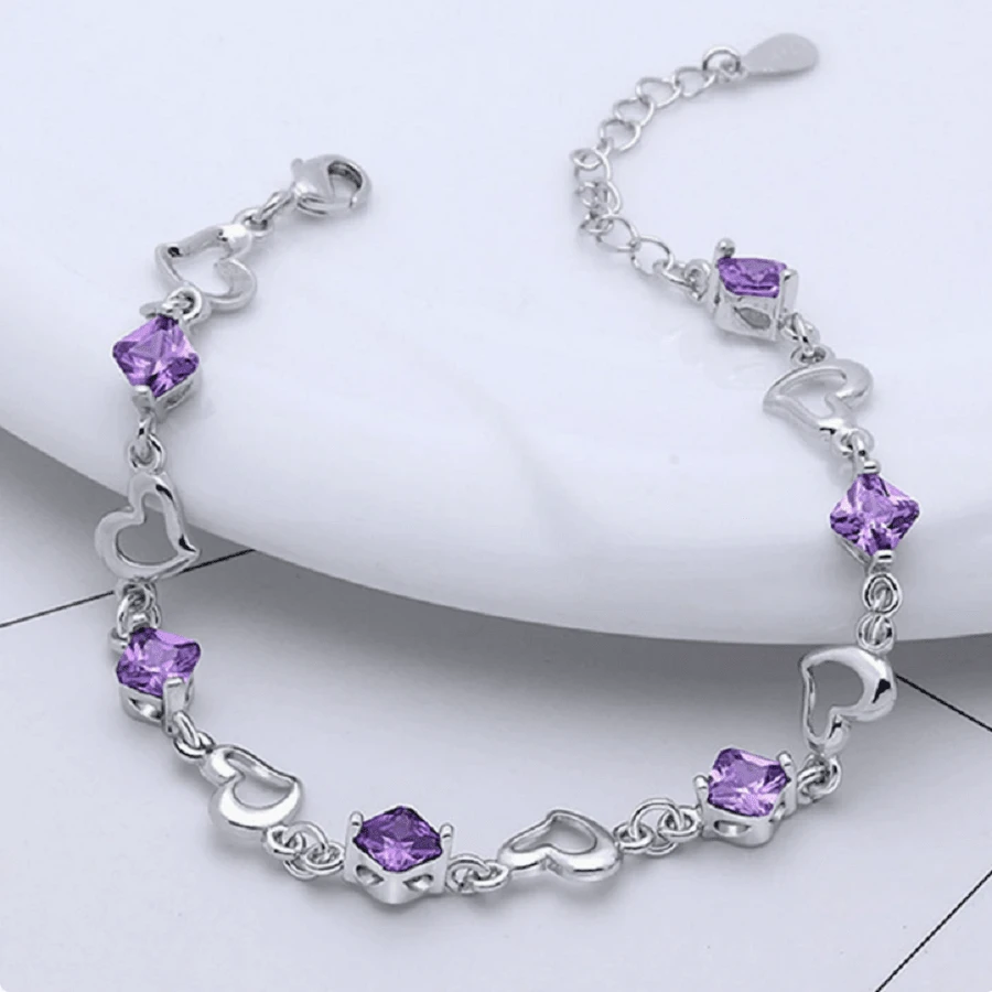 Vòng tay hình trái tim bằng bạc 925 đính đá Zirconia thời trang, thích hợp để đeo hàng ngày và làm quà tặng. - Màu tím - Xem 1