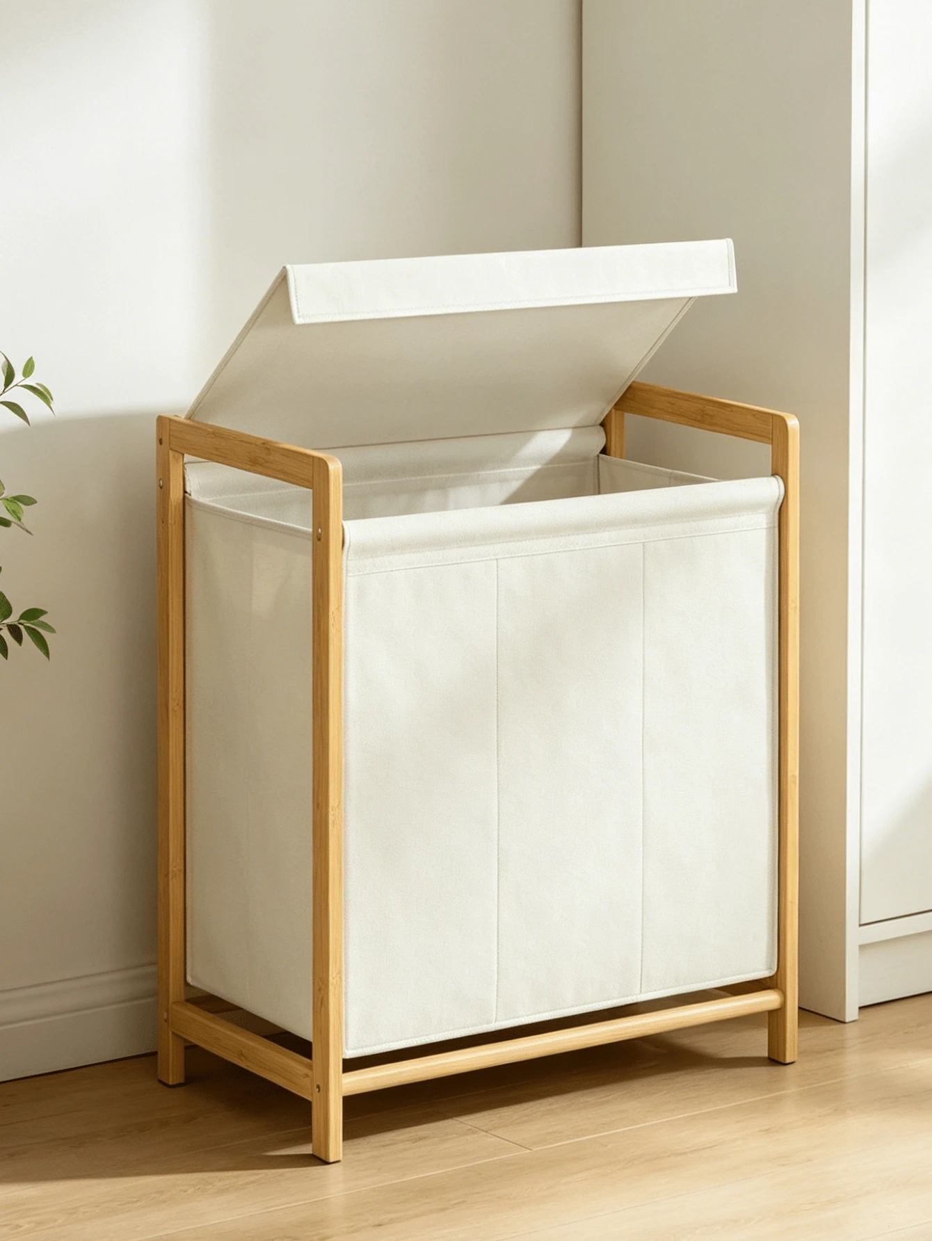 Bamboo Laundry Basket With Shelf, Foldable Dirty Clothes Storage Basket, Bathroom Towel Rack Storage Cabinet With Louvered Door - Multicolor - View 1