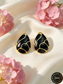 Women's Earrings, Gold Hypoallergenic Studs, Bohemian Enamel Water Drop Stainless Steel Jewelry. Suitable For Women To Wear. - Black - View 6
