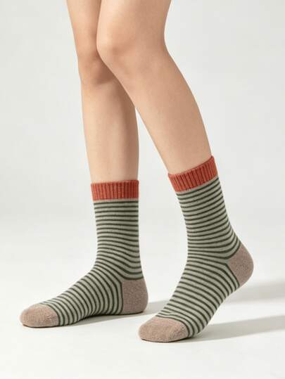 1/4 Pair Retro Atmosphere Colorblock Striped Casual Mid-Calf Socks, Suitable For All Seasons