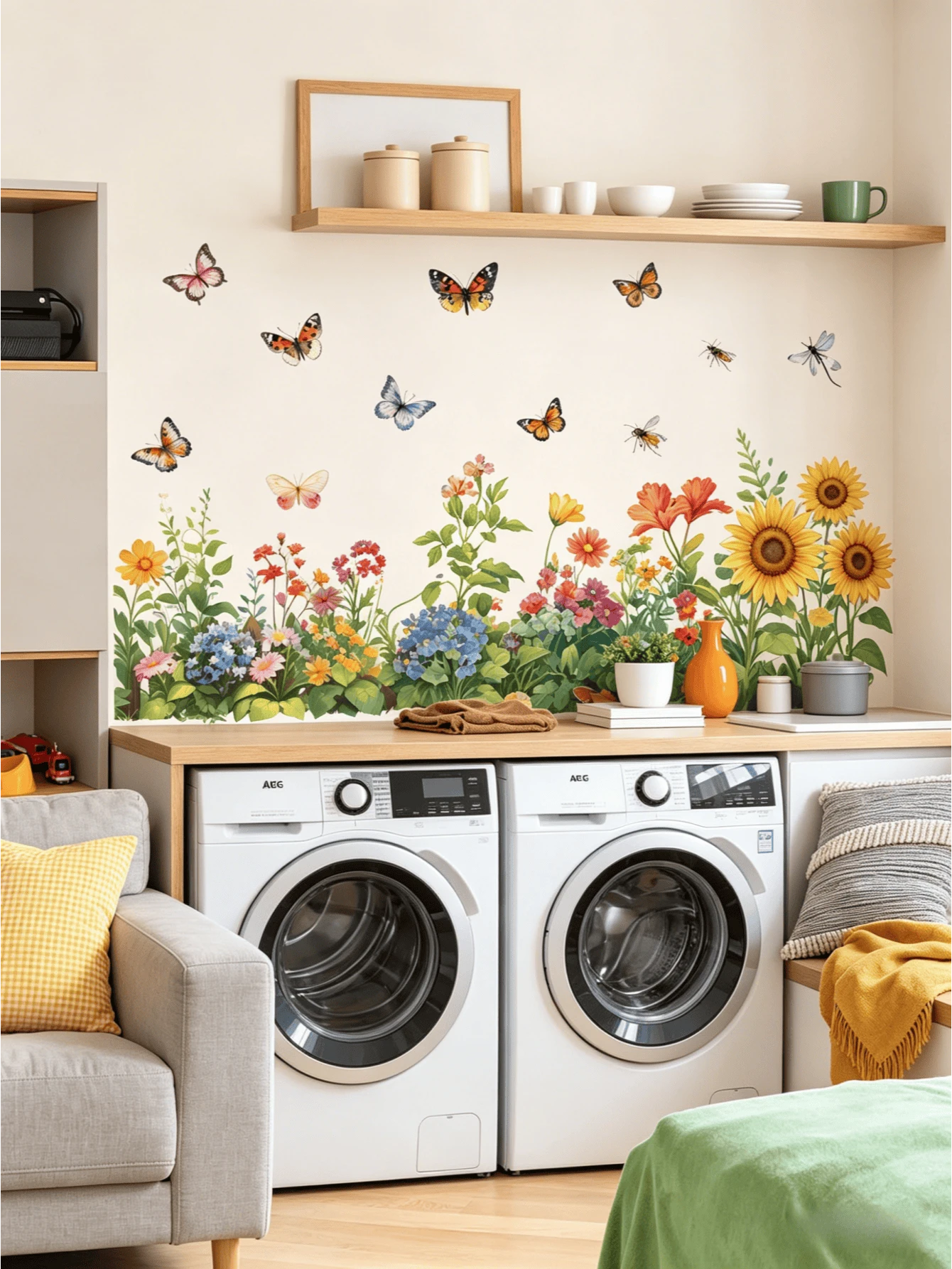 Bộ 4 miếng dán tường hoa màu nước, chủ đề vườn hoa màu nước với hoa, bướm và hàng rào, thích hợp cho phòng ngủ, phòng khách, nhà bếp, lối vào, phòng trẻ em, đặc biệt thích hợp cho chân tường, tường sau ghế sofa, tạo nên bầu không khí đồng quê tươi mát và thư thái. Màu sắc phong phú và tươi mới mang đến cảm giác mùa xuân, giúp giảm bớt cảm giác trống trải của bức tường. Tự dính và có thể tháo rời, không làm hỏng tường, miếng dán tường trang trí cho phòng ngủ, phòng khách, nhà bếp, phong cách đồng quê với bướm và hoa. - Hình dán tường - Xem 1