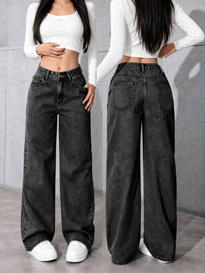 Women's Stretch Waist Wide-Leg Jeans, High-Waisted Tummy-Revealing Straight-Leg Jeans, And Acid-Washed Jeans With Pockets - These Elegant Women's Outfits Are Not Only Comfortable To Wear, But Also Have A Loose Style, Making Them Perfect For Travel, Work Or Daily Office Occasions.