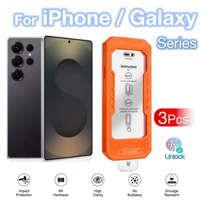 MIAOTIEMO Bộ 3 miếng dán màn hình kính cường lực cao cấp cho Galaxy S26 S25 S24 Ultra Plus+, kính cường lực chuẩn quân sự, tự động căn chỉnh, độ cứng 9H, hỗ trợ mở khóa vân tay siêu âm, bảo vệ cao cấp, quà tặng kỷ niệm mùa xuân.