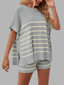 Women's Summer Lounge Striped High Waisted Shorts Oversized Batwing Short Sleeve Tops 2 Piece Knit Short Sets - 淺灰色 - 查看 1