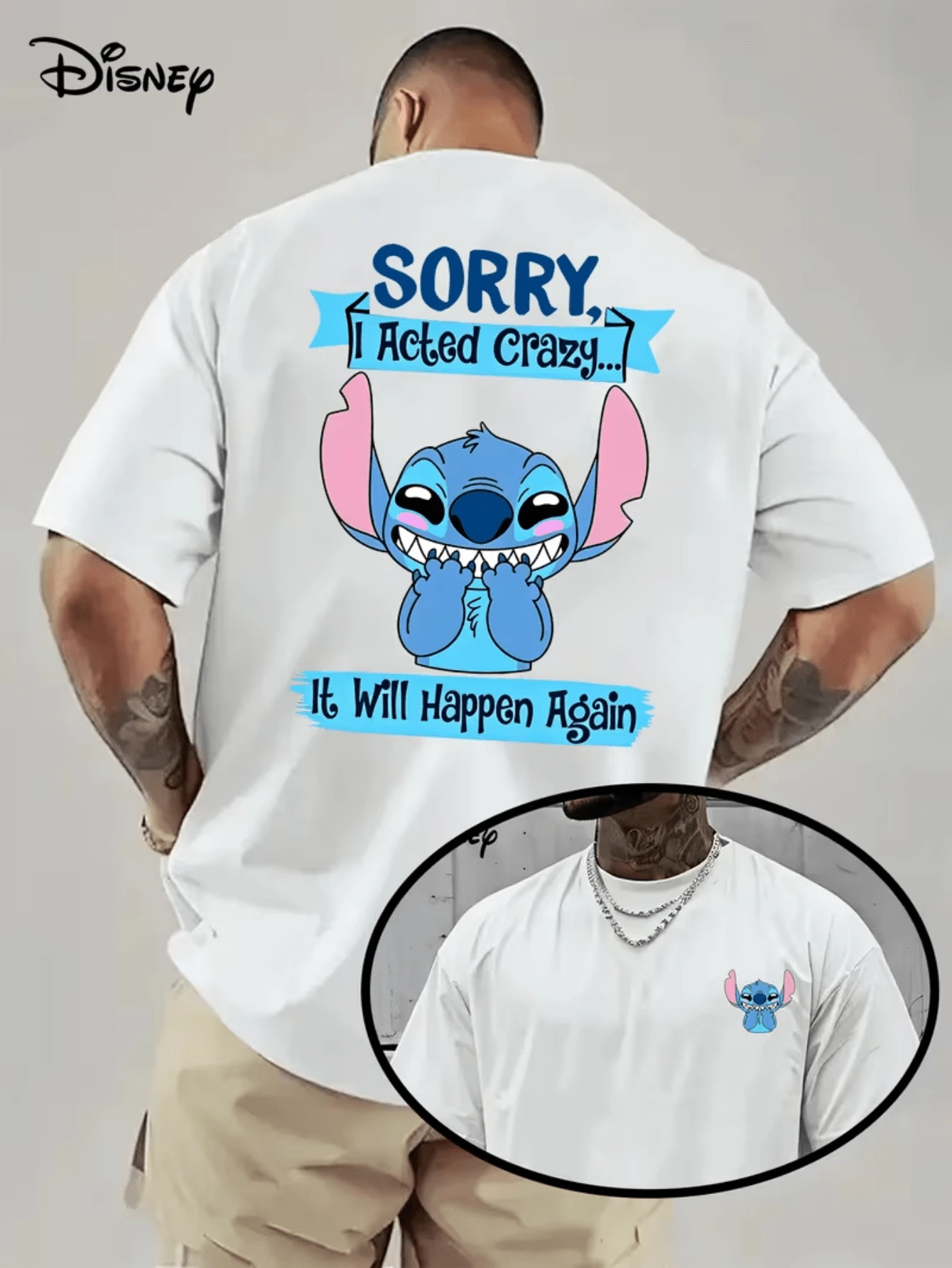 (Disney Licensed)Disney Lilo & Stitch Men's T-Shirt, Funny "Sorry I Acted Crazy" Stitch Graphic Tee, Oversized Crew Neck Short Sleeve Casual T-Shirt, Cute Stitch With Sassy Quote Print Men's Summer Streetwear Top, Disney Officially Authorized Men's Short-Sleeved T-Shirts, Mens Clothes, Men, Ropa De Hombre, Summer Clothes, Men Shirts, Graphic Tees, Disney Outfits Men, Graphic Tees, Camisetas Para Hombre, Camisas Para Hombre, Summer Outfits For Men, Father's Day Gift, Perfect Gift For Family And Friends, Which Are Necessary For Birthday Parties, Disney Shirts, Mens Clothes, Summer Clothes, Officially Licensed Disney T-Shirts, Disney Men's And Women's Spring/Summer Fashion Casual Short-Sleeve T-Shirts - 白色 - 查看 1