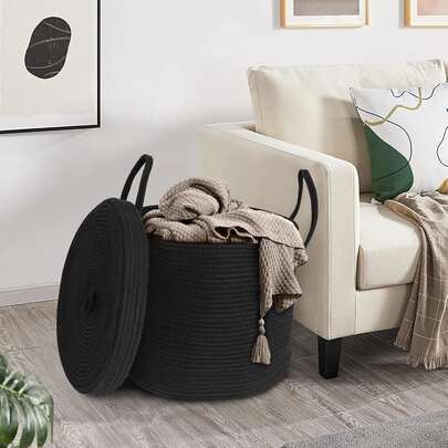 1 pièce Panier de couverture avec couvercle, panier de rangement tressé pour le stockage, panier à linge pour la lessive, le salon, panier de rangement tressé en corde pour couverture, linge, organisation et rangement de la maison, accessoires de salle de bain et de chambre, décoration de la pièce