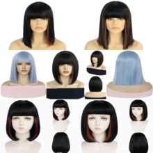 Peluca negra corta y recta de 12 pulgadas con flequillo, reflejos marrones, sintética resistente al calor de apariencia natural para uso diario de mujeres - Multicolor - Ver 6