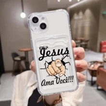 1 unidad Jesús ama, mano señala patrón Funda para iPhone 16 E, protección anticaída con airbag reforzado en las cuatro esquinas, tarjetero invisible integrado en la parte trasera, compatible para tarjeta personal, carnet de conducir, tarjeta de acceso y tarjeta de transporte, funda protectora antigolpes portátil con ranura para tarjetas, diseño sencillo y elegante, ideal para uso diario, desplazamientos y viajes - transparente - Ver 1
