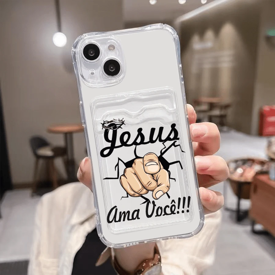 1 unidad Jesús ama, mano señala patrón Funda para iPhone 16 E, protección anticaída con airbag reforzado en las cuatro esquinas, tarjetero invisible integrado en la parte trasera, compatible para tarjeta personal, carnet de conducir, tarjeta de acceso y tarjeta de transporte, funda protectora antigolpes portátil con ranura para tarjetas, diseño sencillo y elegante, ideal para uso diario, desplazamientos y viajes - transparente - Ver 1