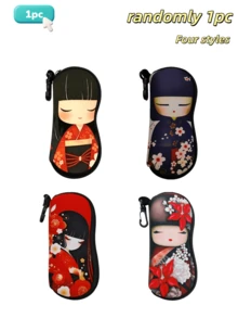 1个娃娃拉链眼镜盒，可爱日本女孩红色和服设计，氯丁橡胶防水眼镜袋，带钥匙扣，轻便便携旅行眼镜包，通用尺寸，适用于所有类型的眼镜 - 彩色 - 查看 14