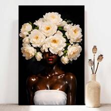 1pc Framed Canvas Wall Art Prints Poster, Floral Head African American Woman Art Posters Canvas Print Painting For Living Room Bedroom Office Bathroom Dorm Home Decor, Ready To Hang - đóng khung - Xem 2