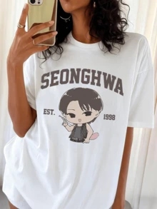 Chibi Graphic T-Shirt Seonghwa ATEEZS 1998 K-Pop Fan Casual Tee - White - View 6