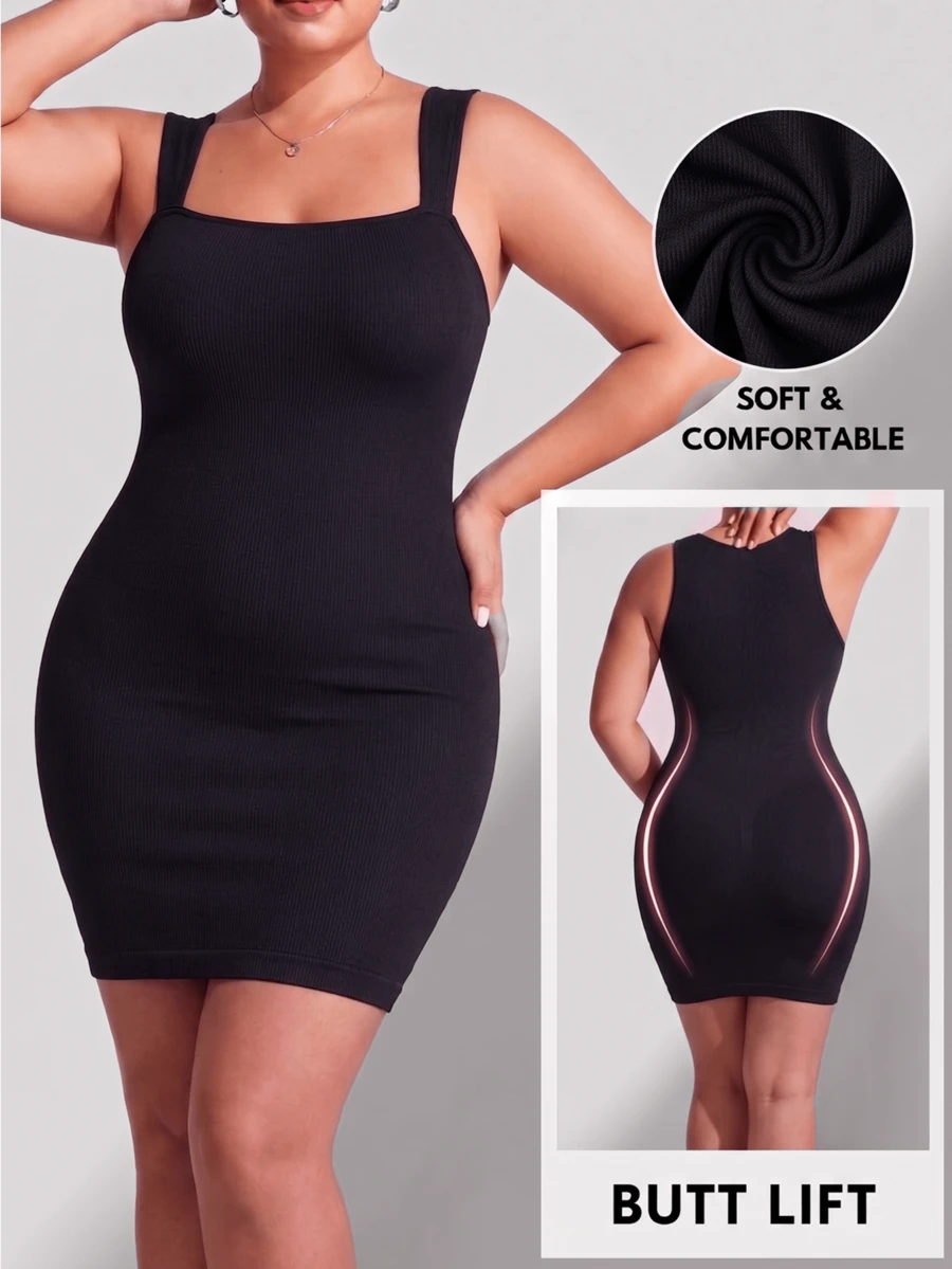 Seamless Soft Stretchy Rib Knit Camisole Dress, Women's Square Neck Bodycon Dress, Versatile Daily Wear, Women's Summer Dress - Black - View 1