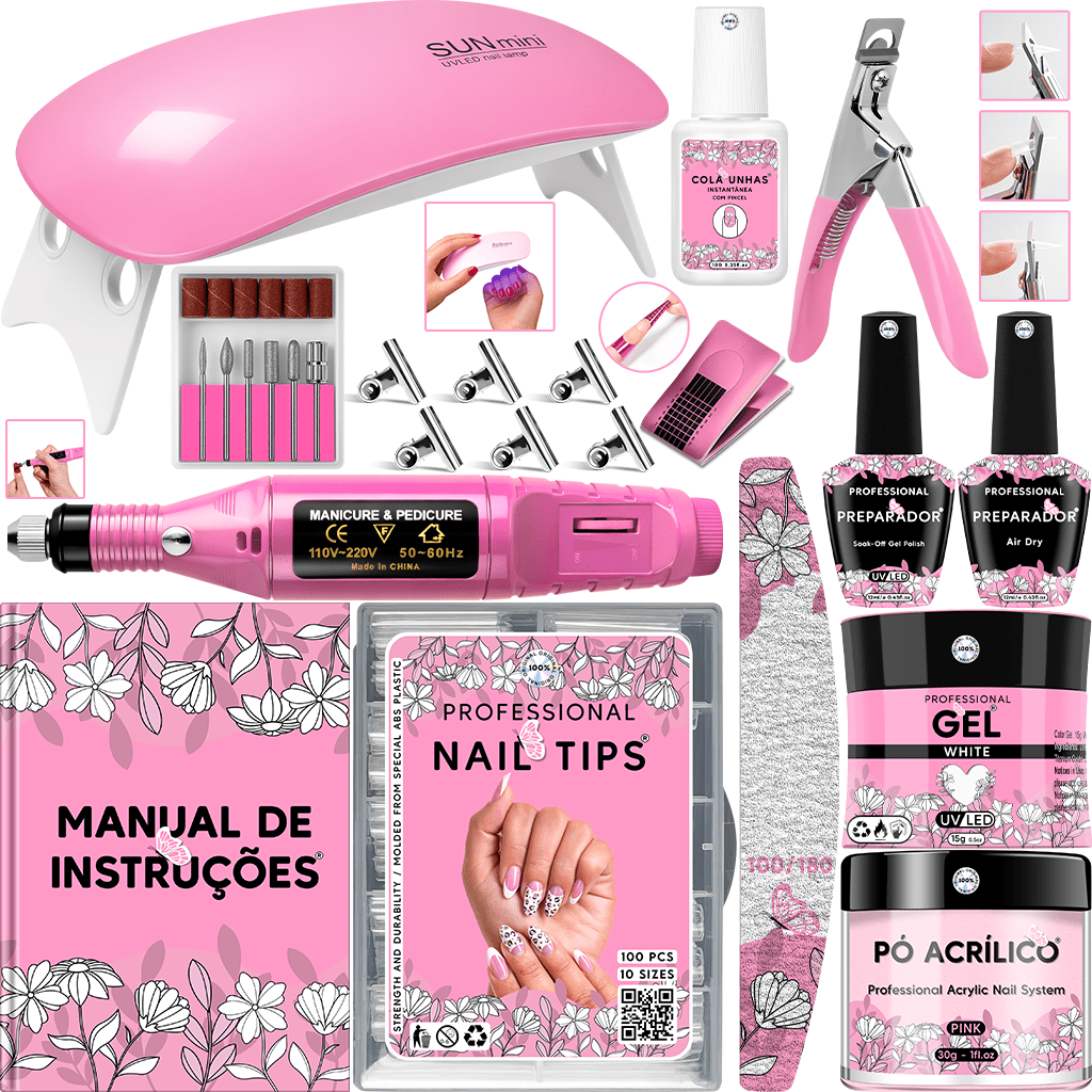 Kit Manicure Iniciante Unha Completo Gel Acrigel Acrílico Fibra Porcelana de Unhas Cabine Estufa Mini Lixa Lixadeira