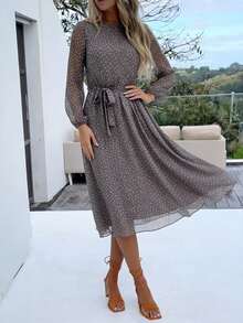 波點圖案腰帶A字連衣裙 - 咖啡棕 - 查看 3
