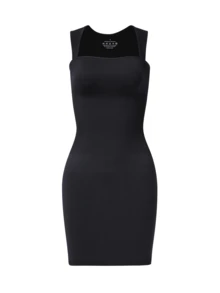 Seamless Soft Stretchy Rib Knit Camisole Dress, Women's Square Neck Bodycon Dress, Versatile Daily Wear, Women's Summer Dress - Black - View 5