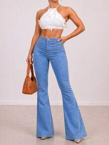 Beige Flare Pants, Bell Bottom, Nude Flare Pants With Lycra, High Waist, Women's, Butt-Lifting, Comfortable, Versatile, Casual, Elegant, Country Style - 克拉拉 - 查看 3