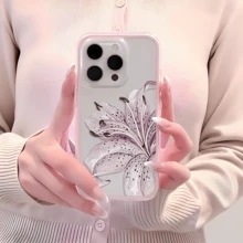 1pc Pink Frame Transparent Minimalist Lens Protection Anti-Fall Anti-Collision Pink Lily Flower Phone Case, Personalized For IPhone 16 Pro Max, 17/16/15/14 Plus, 13/12/11, Air - Multicolor - View 2