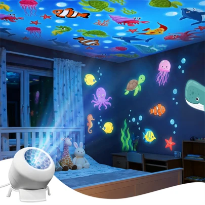 1 đèn LED chiếu hình bầu trời sao và đại dương, đèn ngủ chiếu hình động xoay 360 độ, cắm USB, thích hợp để trang trí phòng ngủ, phòng chơi game và phòng khách.