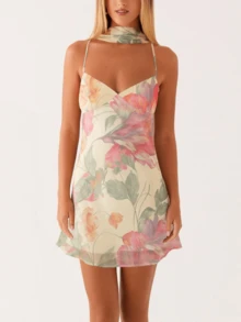 Women Mini Dress Floral Print/Solid Color Sleeveless Cami Dress Summer Backless Dress With Choker Scarf - 米色 - 查看 2