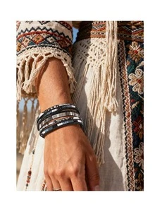 1/2pcs Boho Pendant Long Choker, Bohemian Leopard Multi-Layer Crystal Beads Cuff Bracelet Stack Summer Inspired Clothes Concho Country Concert Outfits - Multicolor - View 7