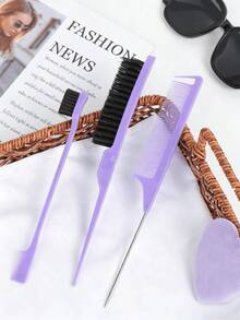 Professional Hairstyling Tool Set, Including Edge Control Brush, Stainless Steel Tail Comb And Styling Comb (Lavender), Suitable For Grooming, Parting And Styling Hair - Purple - View 6