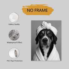 1幅带框个性化定制宠物肖像帆布艺术印刷品，趣味狗狗头戴毛巾头套在马桶上看报纸，无框浴室墙面装饰，高品质帆布海报，适用于家居、办公室、教室，是送给宠物爱好者的独特礼物，狗狗图片墙面装饰，趣味设计，精细画作，多功能，装饰性强。 - 彩色 - 查看 14