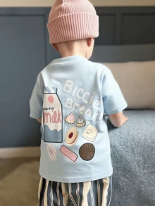 1件幼儿儿童“饼干休息时间！”牛奶和饼干图案圆领短袖T恤，休闲夏季服装 - 淺藍色 - 查看 1