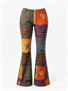 Pantalon évasé à imprimé bohème aléatoire pour préadolescentes, pantalon décontracté vintage hippie à taille élastique, tenue de rue rétro décontractée Y2K - Multicolore - Voir 6