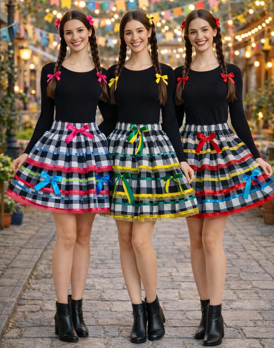 June Festival Skirt, Adult/Youth Cup, Countryside Checkered, Round Square Dance, Saint John's Day, Ruffles, Luxury - 黃色 - 查看 1