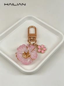 HAILIAN 可爱花朵钥匙扣，渐变树脂芙蓉花包包挂饰，带迷你花朵吊坠，镀金钥匙圈，适用于钱包、背包、手提包、车钥匙装饰，送给女性和女孩的绝佳礼物（粉色/红色可选） - 粉色 - 查看 3