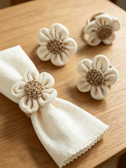 4pcs Set Rustic Linen Flower Napkin Rings, Handmade Fabric Napkin Holders, Suitable For Woodland Wedding / Birthday Party / Daily Dining Table Decor / Wedding Decoration / Dining Table Decor / Farmhouse Home / Holiday Banquet / Restaurant Tabletop
